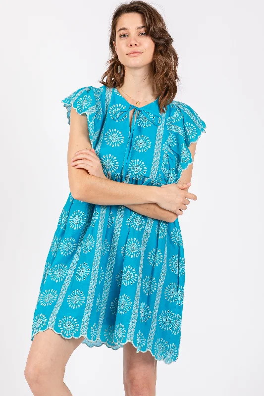 Overstock statement dressTurquoise Embroidered Flutter Sleeve Dress