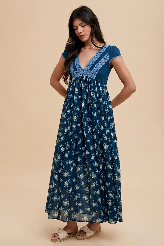 Huge Discounts office dressNavy Blue Floral Lace V-Neck Maxi Dress