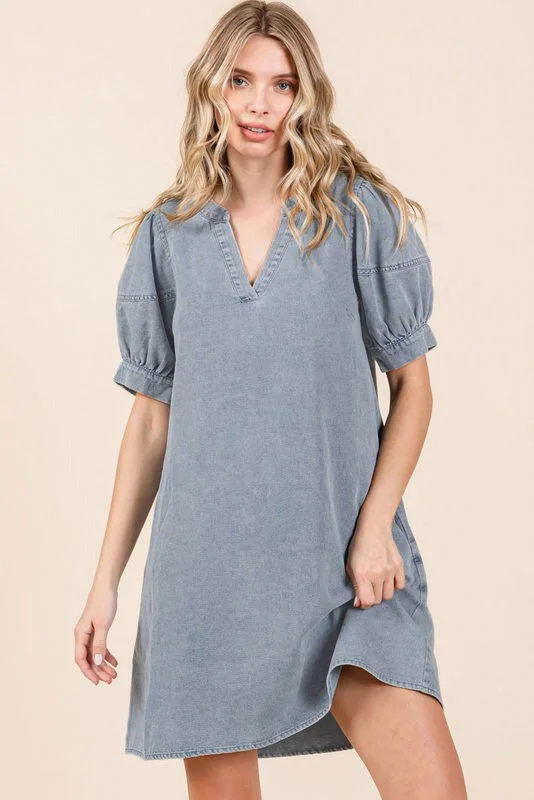 Seasonal Sale off-the-shoulder dressBlue Denim Pocketed Dress