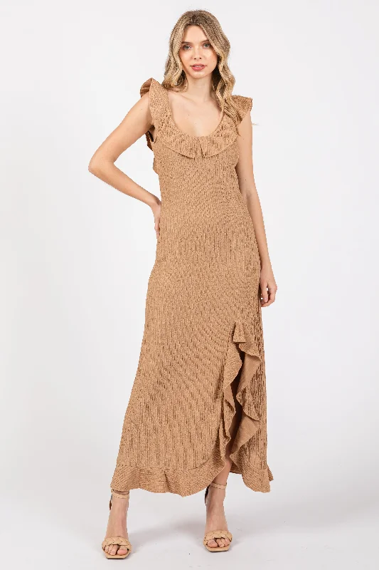 Season Finale Sale textured dressMocha Textured Sleeveless Ruffle Slit Maxi Dress