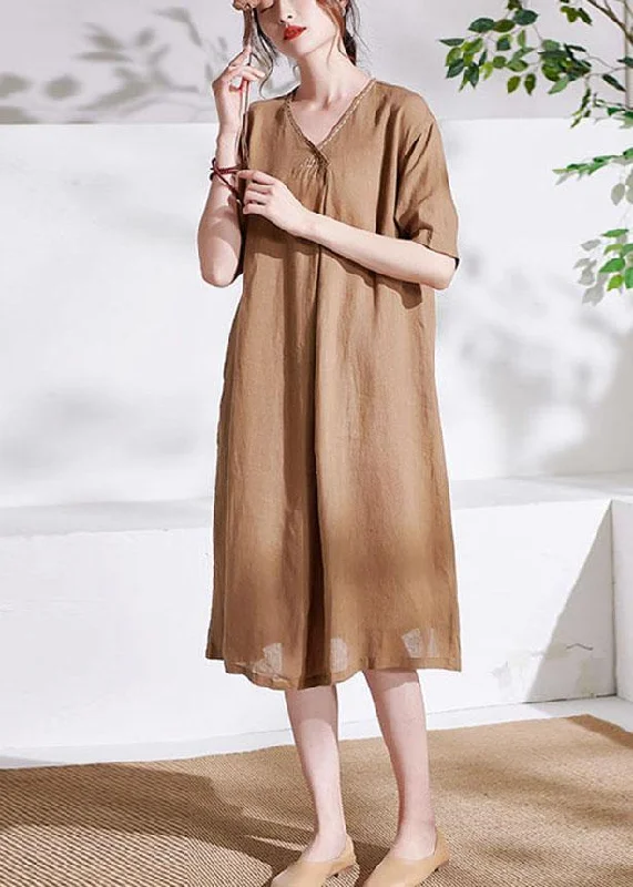 The Best Prices winter dressCasual Apricot V Neck lantern Sleeve Summer Linen Sundress Half Sleeve