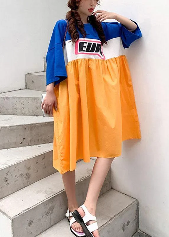 Online Only velvet dressElegant Blue White Patchwork Orange Summer Cotton Loose Dresses Half Sleeve