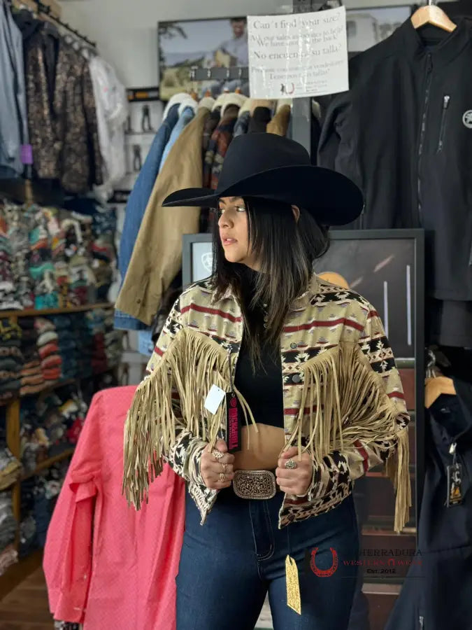 Online Exclusive Rock&Roll Womens Tan Aztec Fringe Denim Jacket