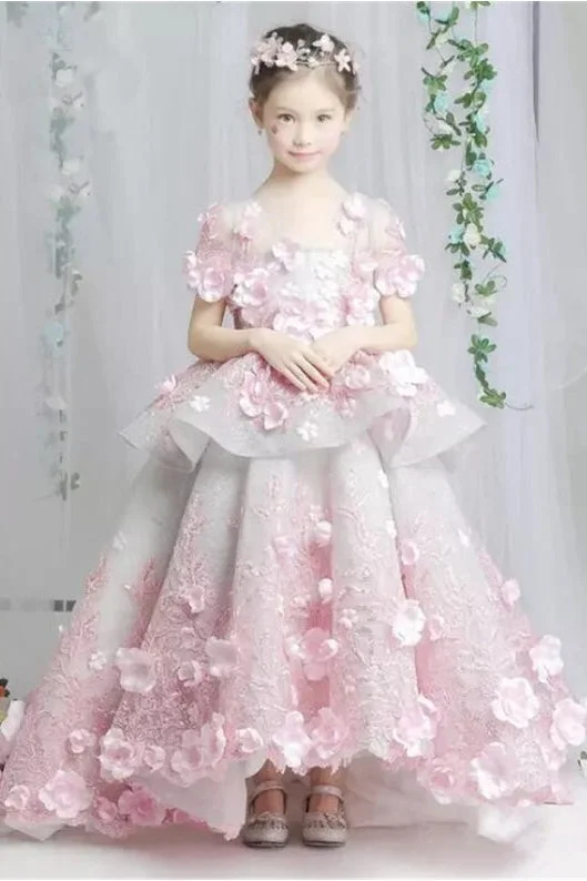 t-shirt dressFancy Floral Short Sleeve Ball Gown Flower Girl Dress With Peplum-402476