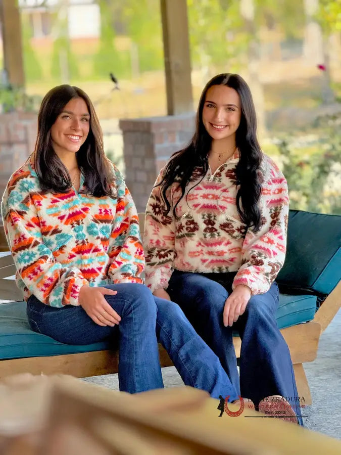 Extra Savings Rock&Roll Womens Cream Aztec Print Sherpa Pullover Pink/Green