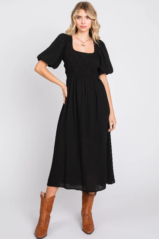 Midnight Madness stylish party dressBlack Square Neck Midi Dress