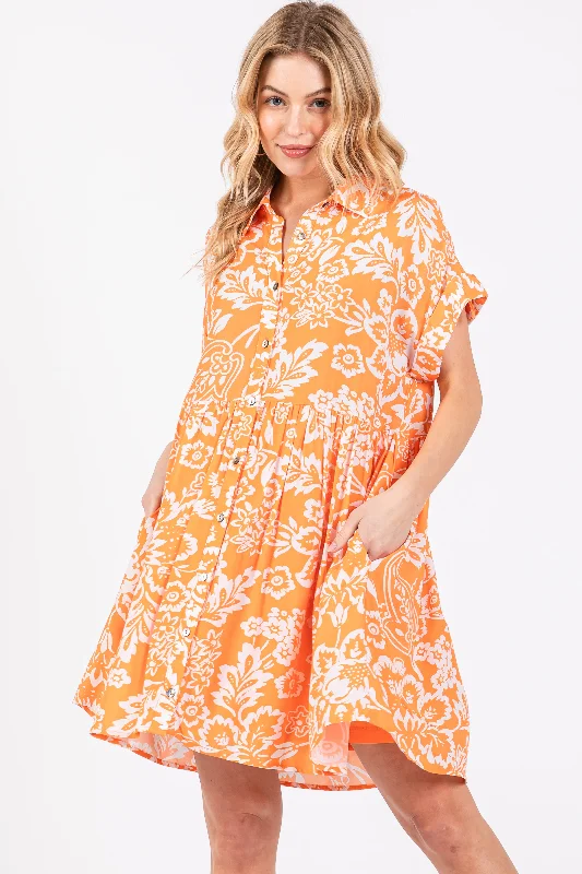 Closeout summer floral dressOrange Floral Button Front Collared Dress