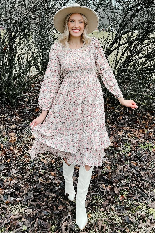 Blowout Deals layered dressPink Floral Smocked Long Sleeve Midi Dress
