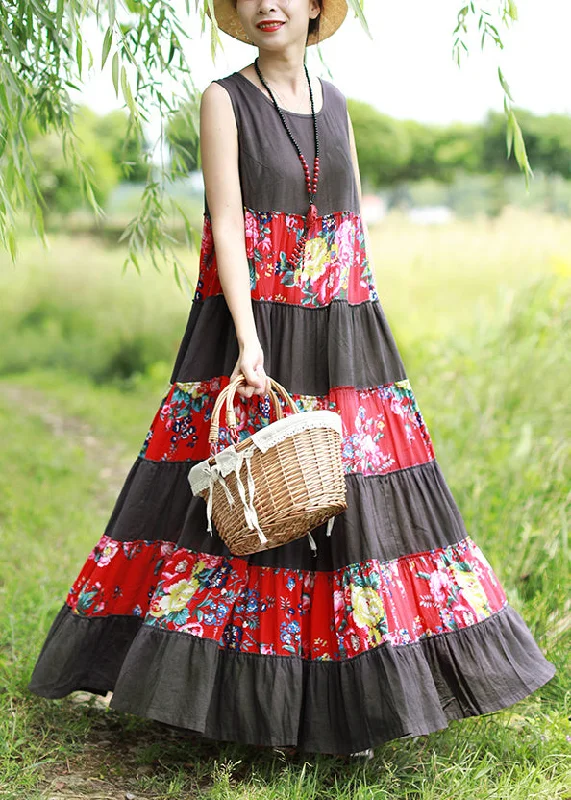 Blowout Sale casual dressWomen Grey O-Neck print Patchwork vacation Dress Sleeveless Blowout Sale casual dressWomen Grey O-Neck print Patchwork vacation Dress Sleeveless