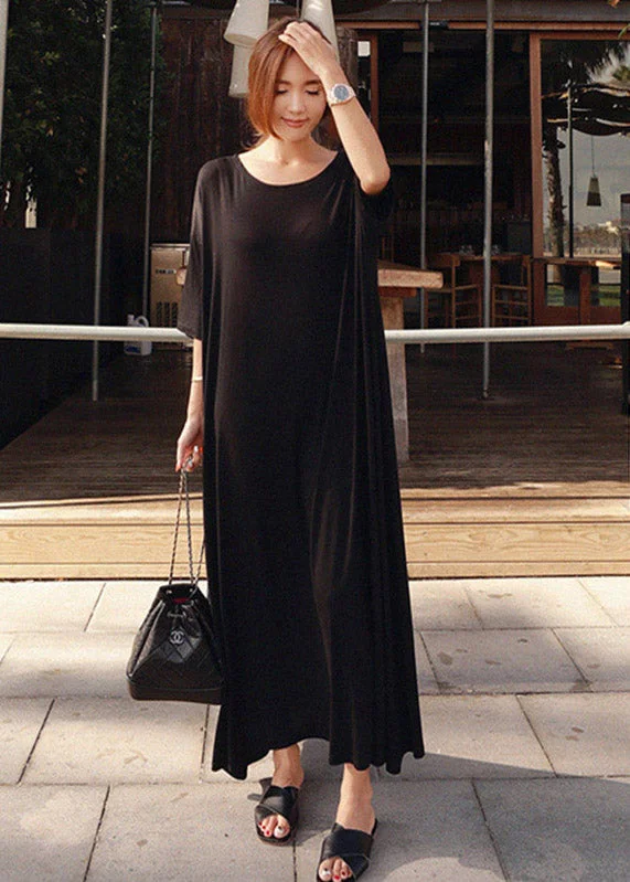 Lowest Price formal dressBlack O-Neck Cotton Ankle Dress Short Sleeve