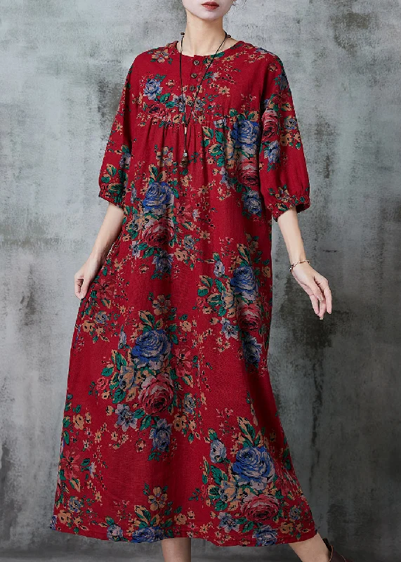 stylish dressChic Red Oversized Print Cotton Long Dress Summer