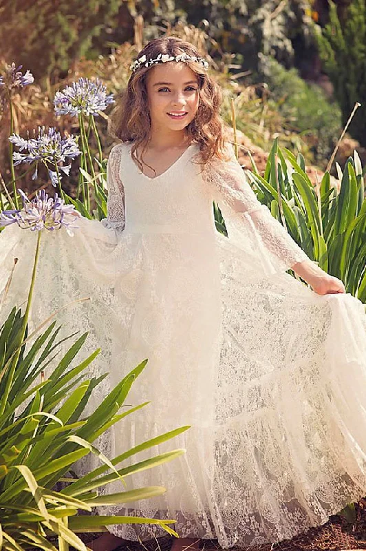 off-shoulder dressLace Bohemian Simple Flower Girl Dress With Bell Sleeves-402465