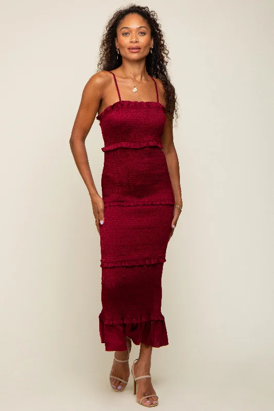 Buy Now fitted bodycon dressBurgundy Satin Smocked Fitted Midi Dress