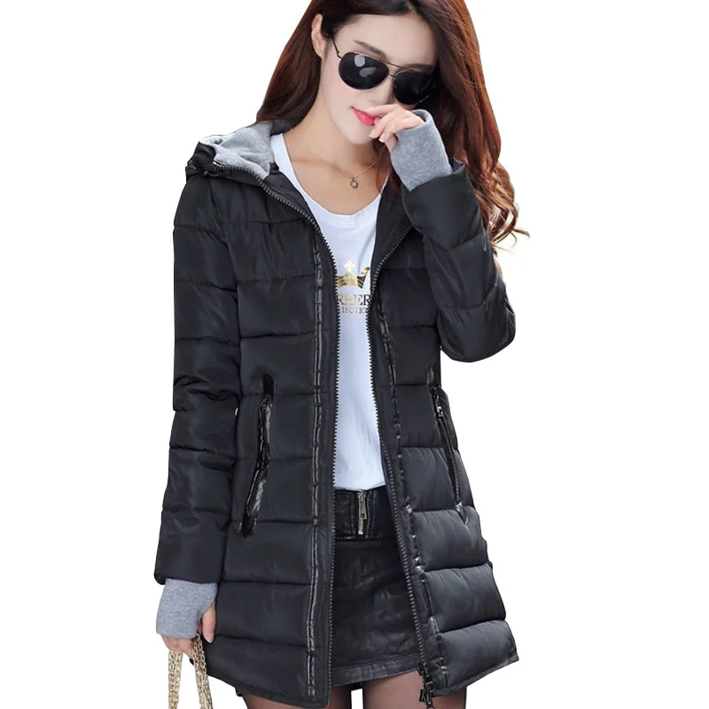 elegant coat2018 women winter hooded warm coat slim plus size candy color cotton padded basic jacket female medium-long  jaqueta feminina