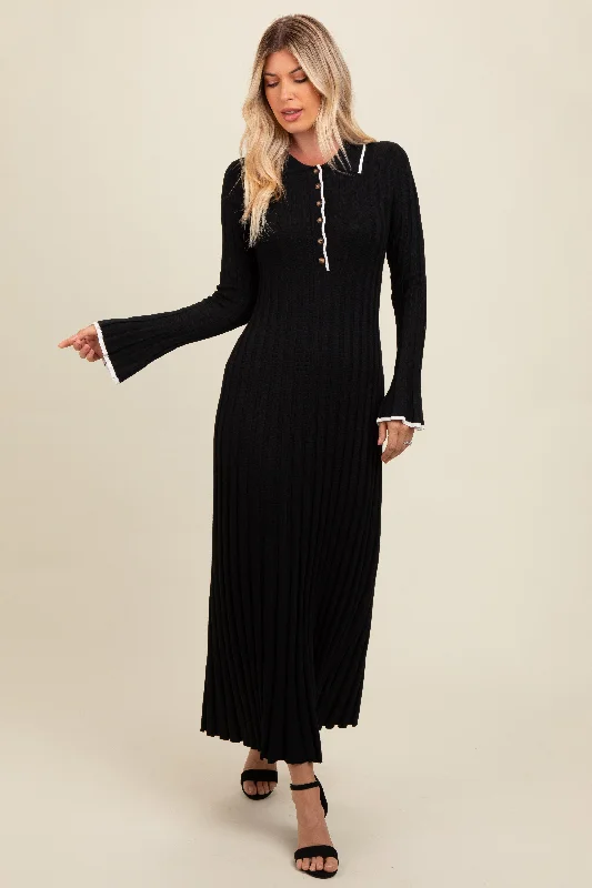 Time-Limited Offer bohemian dressBlack Ribbed Knit Collared Button Up Maxi Dress