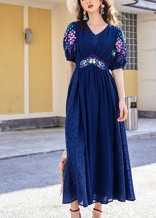 Savings Galore bodycon dressFrench Tibetan Blue Embroideried Patchwork Silk Maxi Dresses Spring