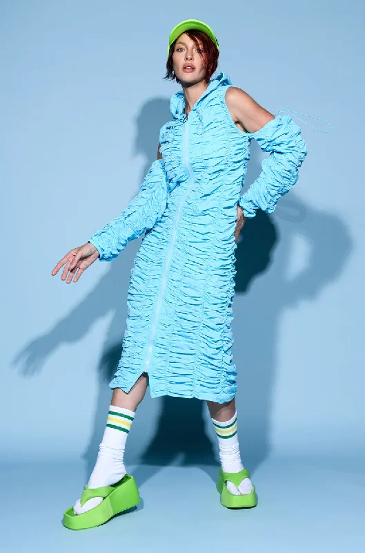 Loyalty Reward cold weather coatTAKE MY LEAD COLD SHOULDER NYLON TRENCH DRESS