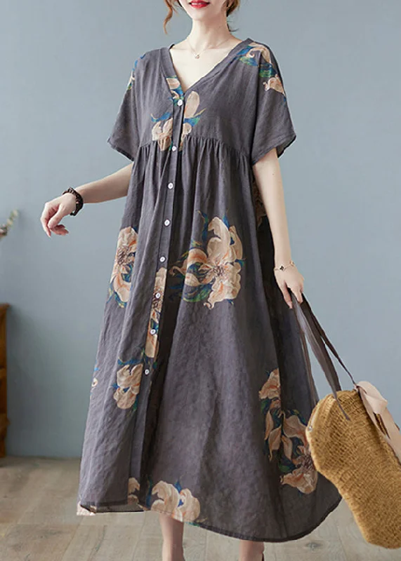 Bargain Prices bohemian dressBohemian Grey Print Long Beach Dresses Short Sleeve