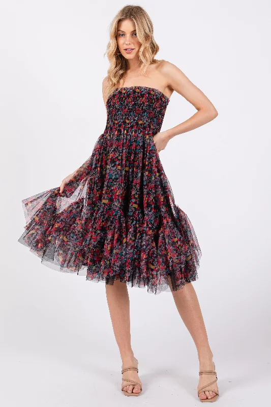 Special Discount textured dressBlack Floral Sleeveless Smocked Ruffle Hem Dress