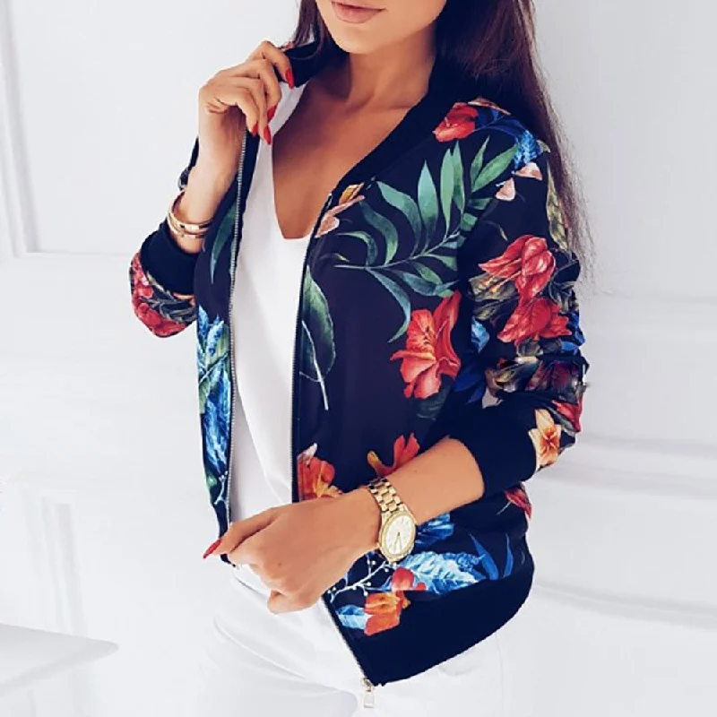 trendy casual outerwearNew Ladies Ribbed Trim Flower Print Bomber Jacket Women Autumn Printing Long Sleeve Casual Tops Zipper Jacket Outwear Loose Tops