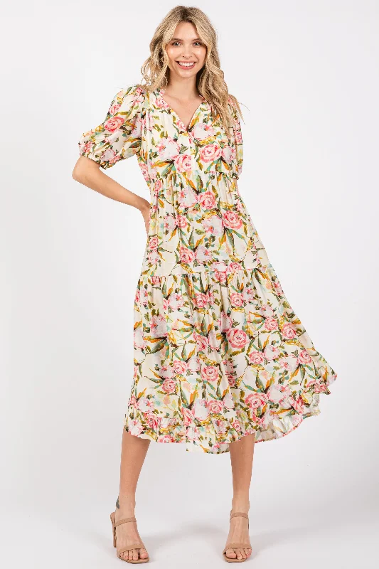 Special Promotion casual summer dressCream Floral V-Neck Tiered Midi Dress