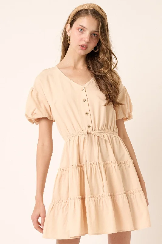 Bargain Prices wrap dressBeige Puff Sleeve Detail Mini Dress