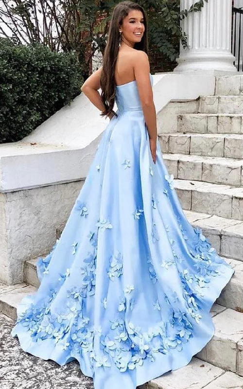 flowy evening dressSatin Court Train A Line Sleeveless Simple Prom Evening Dress with Petals-334354