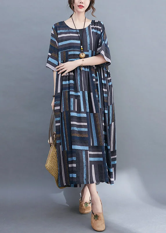 Sneak Peek Sale stylish party dressBlue Striped Baggy Long Dresses Wrinkled Short Sleeve