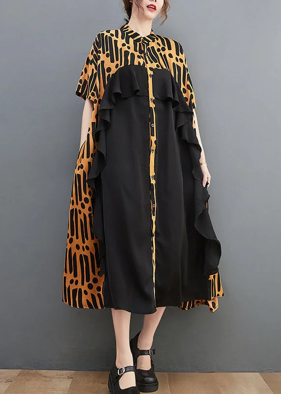 Can't Miss trendy wrap dressNovelty Yellow Stand Collar Ruffles print Chiffon Patchwork Shirt Dress Short Sleeve Can't Miss trendy wrap dressNovelty Yellow Stand Collar Ruffles print Chiffon Patchwork Shirt Dress Short Sleeve