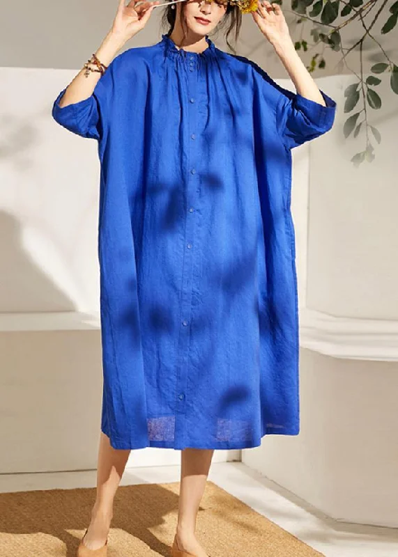Special Promotion long-sleeve floral dressBoutique Blue Wrinkled Summer Linen Summer Dress Half Sleeve
