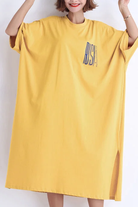 Mega Sale off-the-shoulder dressWomen yellow cotton dress plus size Fabrics o neck side open Art Summer Dresses