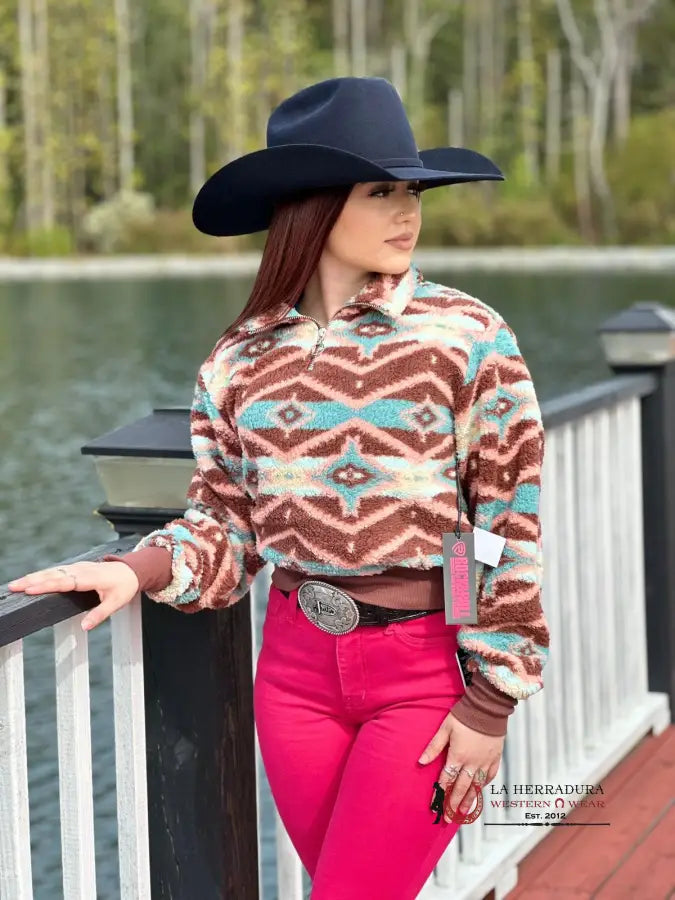 Early Access Rock&Roll Womens Chocolate Printed Sherpa Pullover