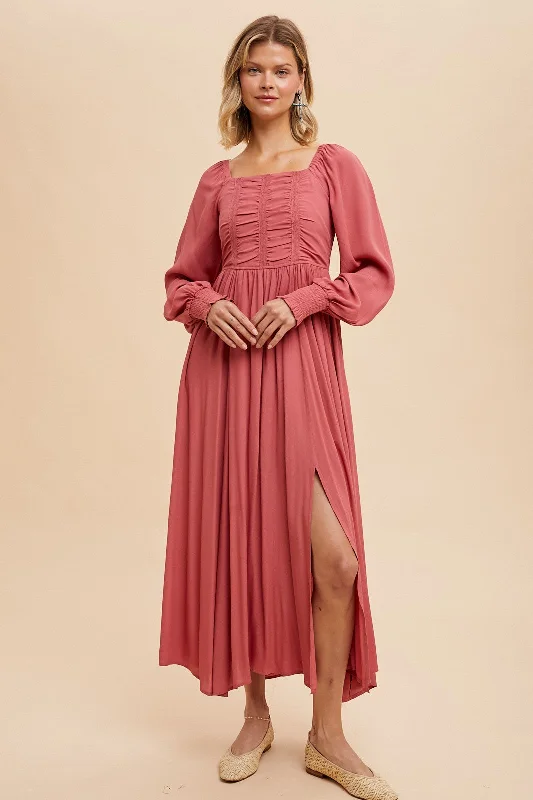 Savings Galore chic wrap dressDesert Rose Ruched Bodice Square Neck Maxi Dress