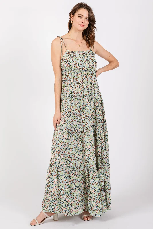 Exclusive Offers trendy bodycon dressLight Olive Floral Ruched Square Neck Shoulder Tie Tiered Maxi Dress