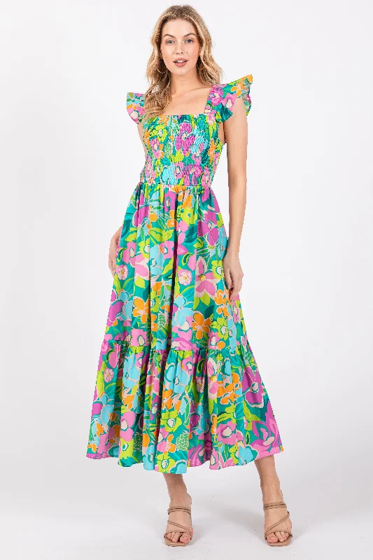 Warehouse Sale satin dressGreen Floral Ruffle Shoulder Smocked Midi Dress
