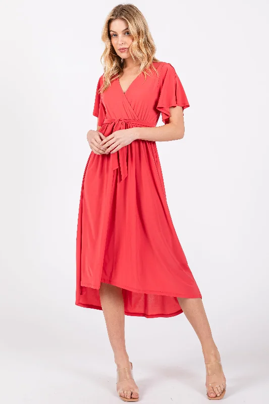 Warehouse Sale summer floral dressCoral Flutter Sleeve Waist Tie Nursing Dress