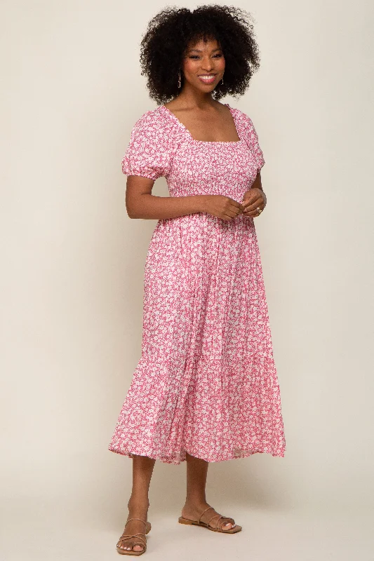 Fantastic Offers ashionable dressPink Floral Smocked Short Sleeve Midi Dress