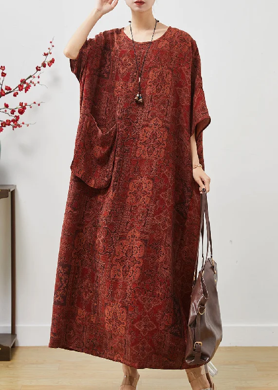 casual midi dressFrench Orange Oversized Print Cotton Ankle Dress Batwing Sleeve