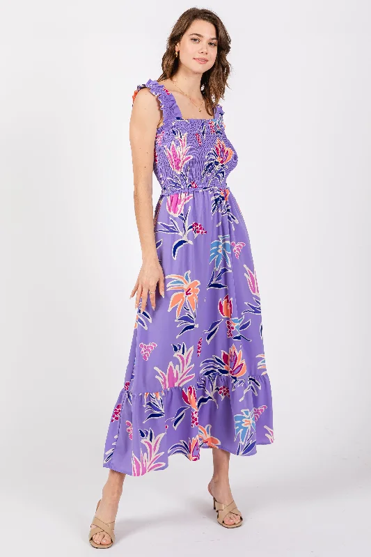 Now or Never sleeveless dressLavender Floral Smocked Midi Dress