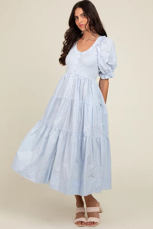 New Deals long-sleeve floral dressLight Blue Contrast Top Tiered Midi Dress