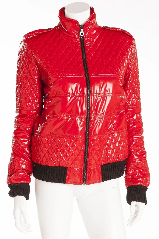 cozy winter coatChanel  - New with Tags Red Pleather Quilt Bomber Jacket - FR 40