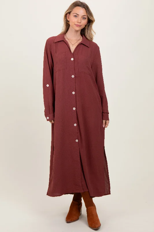Best Bargains t-shirt dressRust Long Sleeve Button Down Maxi Dress