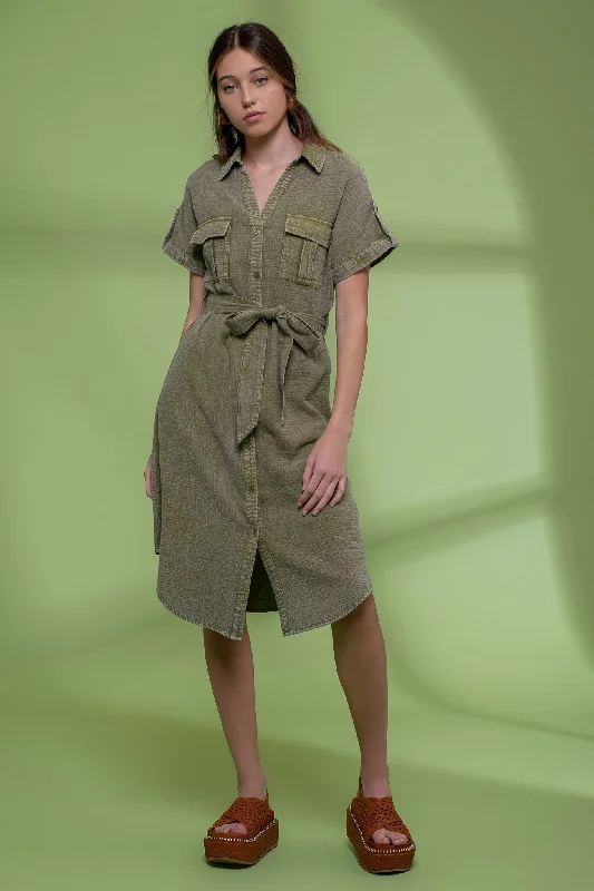 Price Reduction bohemian dressDark Olive Washed Button Down Belted Midi Dress
