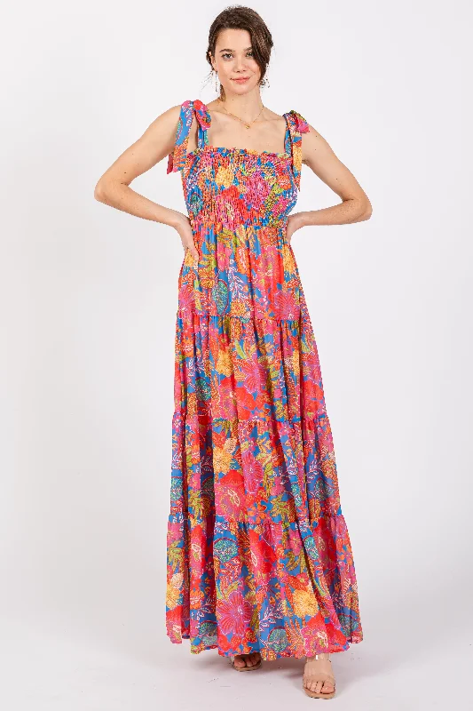Super Sale tiered dressMagenta Floral Shoulder Tier Smocked Maxi Dress