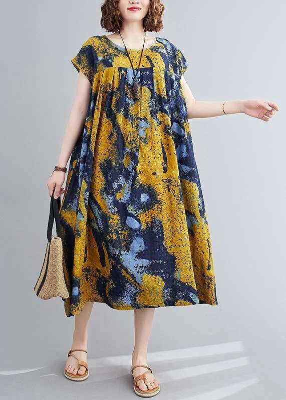 Customer Appreciation Sale vintage dressWomen yellow print quilting dresses o neck Cinched Maxi summer Dress