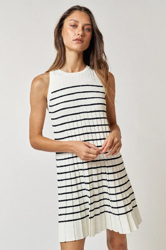 Super Bargain spaghetti strap dressCream Striped Sleeveless Pleated Mini Dress
