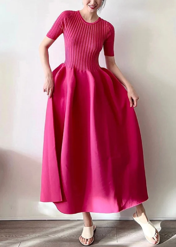 trendy wrap dressNew Rose O Neck Solid Knit Long Dresses Half Sleeve