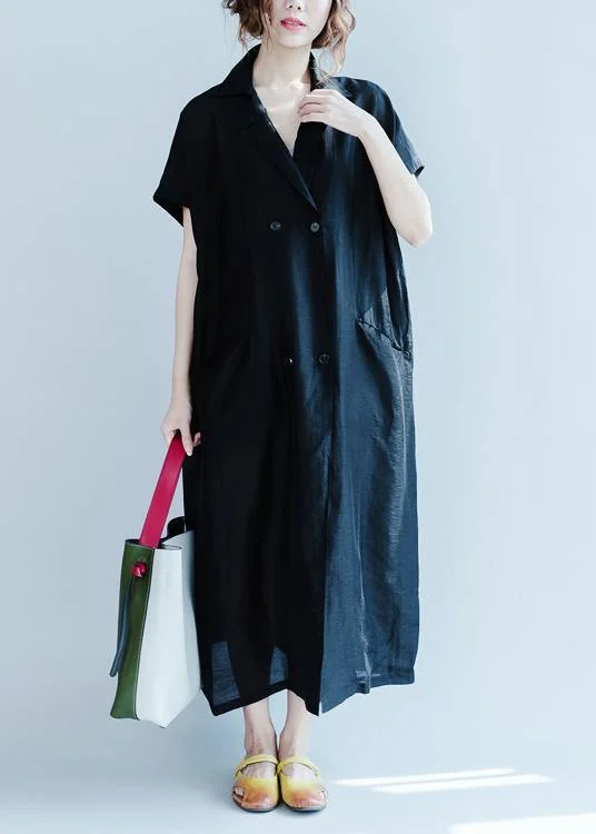 Big Discounts lace-up dressWomen lapel pockets summer clothes design black Dress