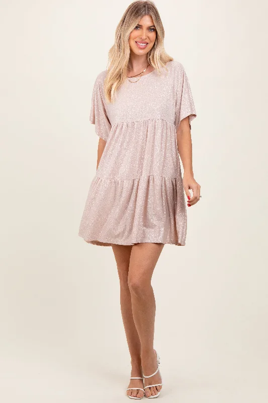 Instant Discount casual summer dressBeige Glitter Flutter Sleeve Tiered Dress