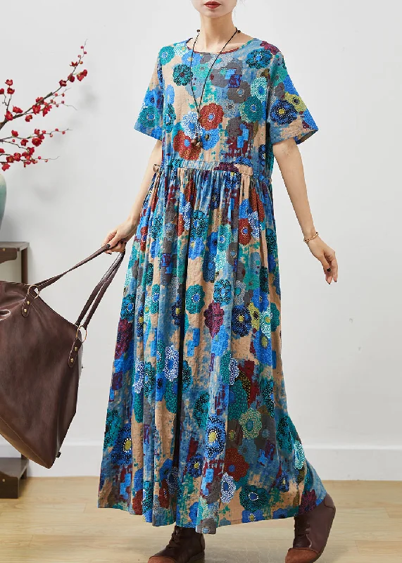 summer floral dressElegant Blue Cinched Exra Large Hem Cotton Dress Summer